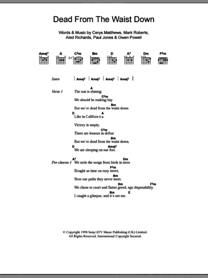 Dead From The Waist Down sheet music for guitar (chords) by Catatonia, Aled Richards, Cerys Matthews, Mark Roberts, Owen Powell and Paul Jones, intermediate skill level