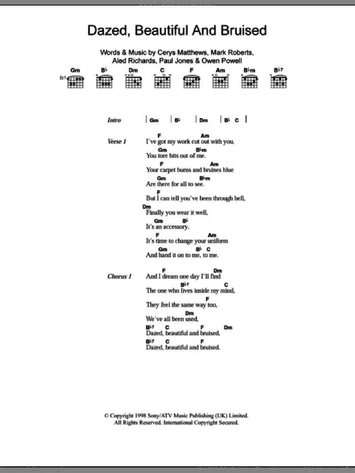 Dazed, Beautiful And Bruised sheet music for guitar (chords) by Catatonia, Aled Richards, Cerys Matthews, Mark Roberts, Owen Powell and Paul Jones, intermediate skill level