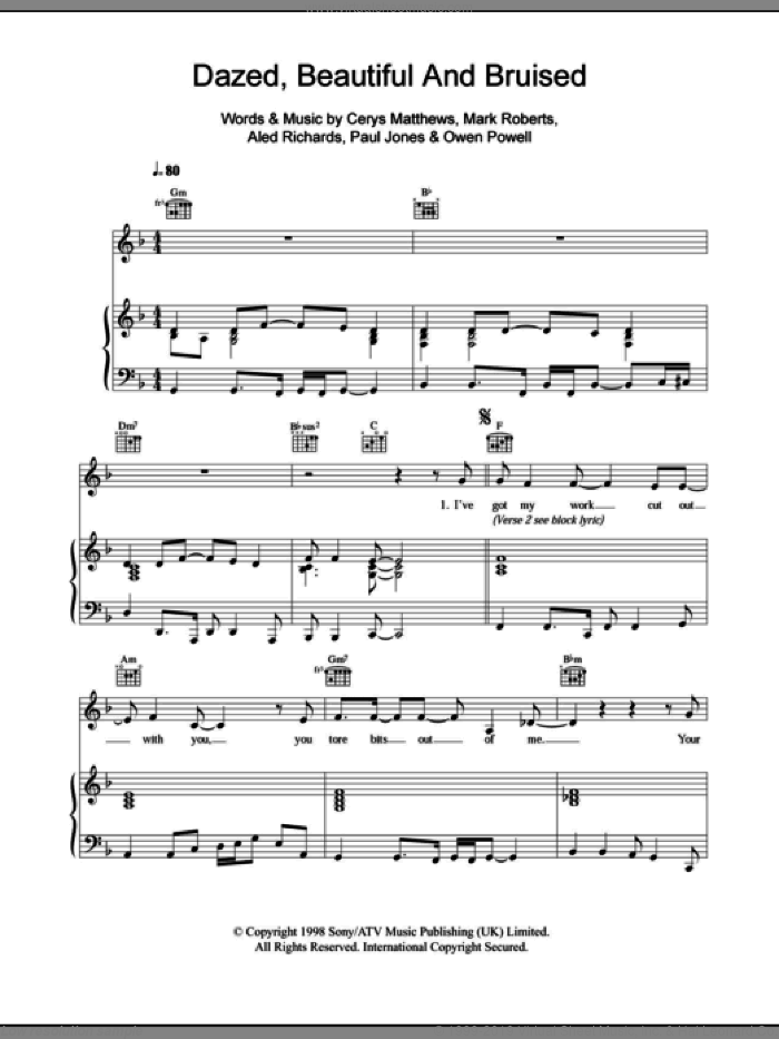 Dazed, Beautiful And Bruised sheet music for voice, piano or guitar by Catatonia, Aled Richards, Cerys Matthews, Mark Roberts, Owen Powell and Paul Jones, intermediate skill level