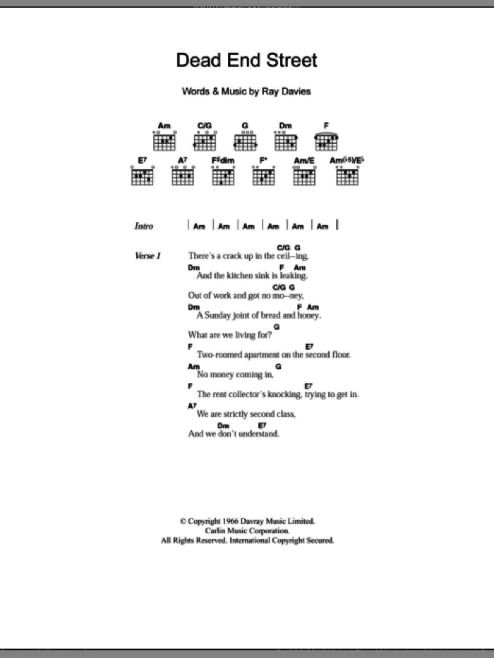 Dead End Street sheet music for guitar (chords) by The Kinks and Ray Davies, intermediate skill level
