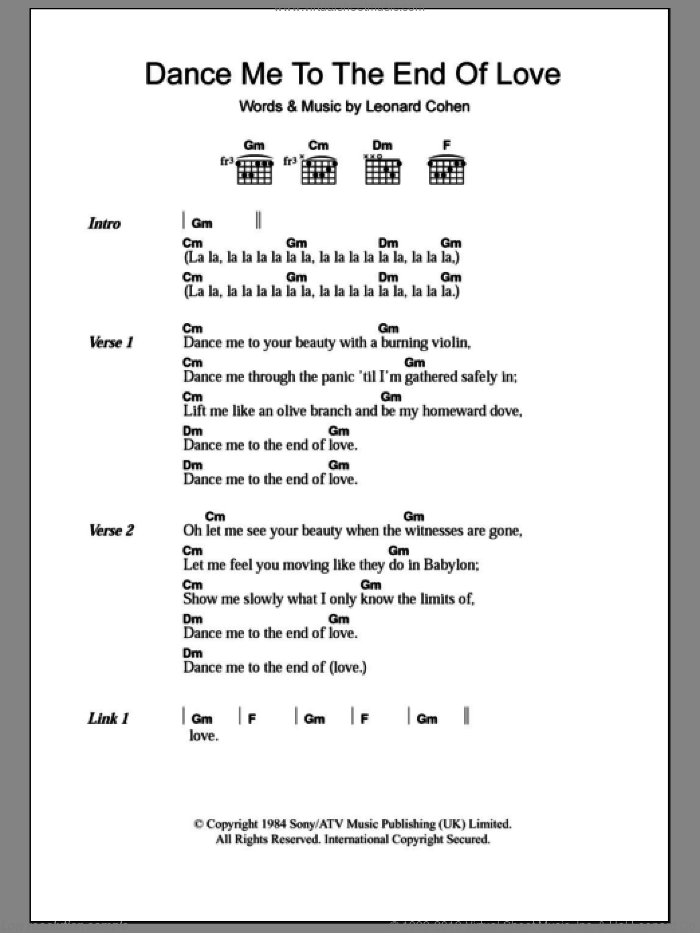Dance Me To The End Of Love sheet music for guitar (chords) by Leonard Cohen, intermediate skill level