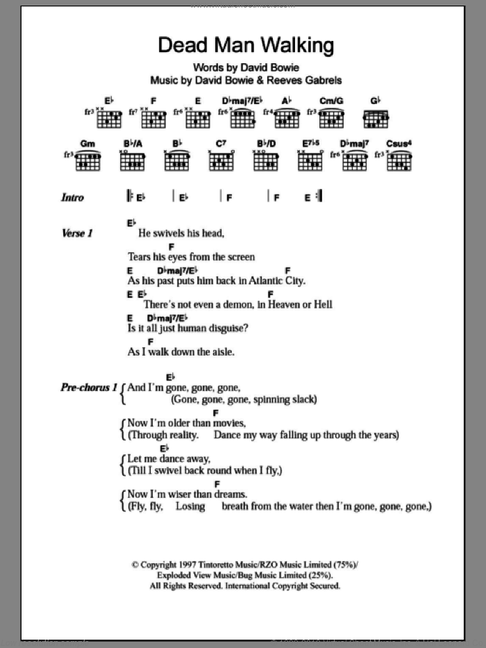 Dead Man Walking sheet music for guitar (chords) by David Bowie and Reeves Gabrels, intermediate skill level