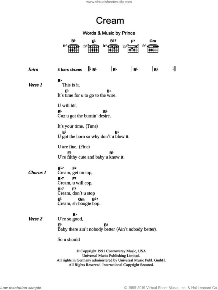 Cream sheet music for guitar (chords) by Prince, intermediate skill level