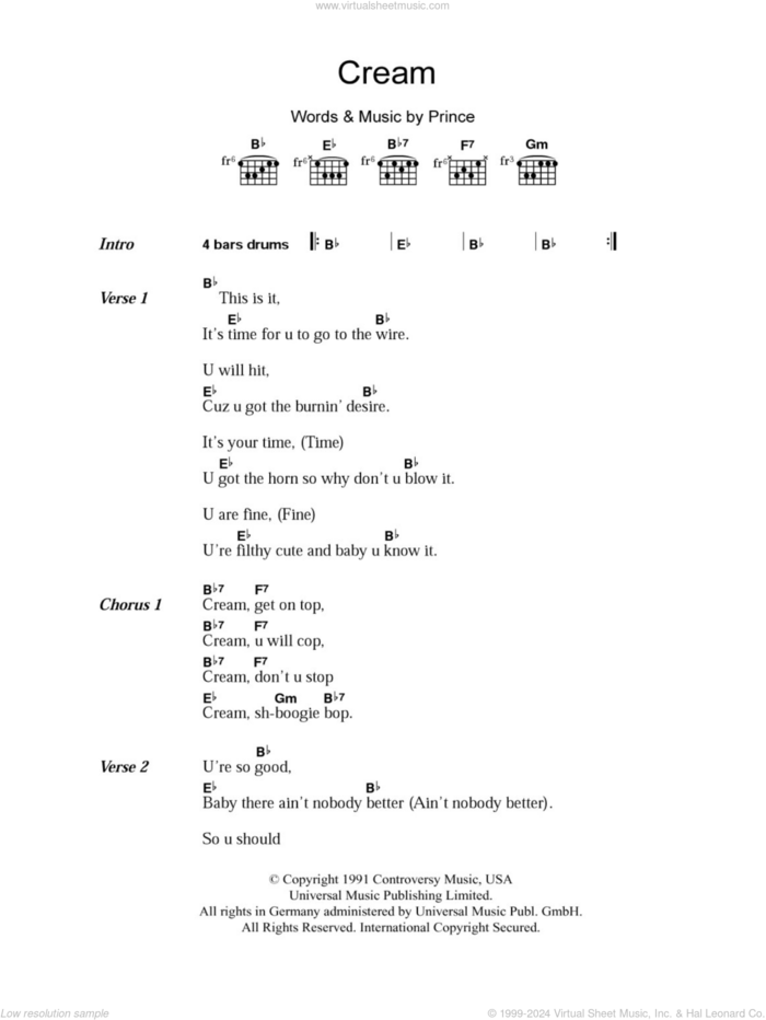 Cream sheet music for guitar (chords) by Prince, intermediate skill level