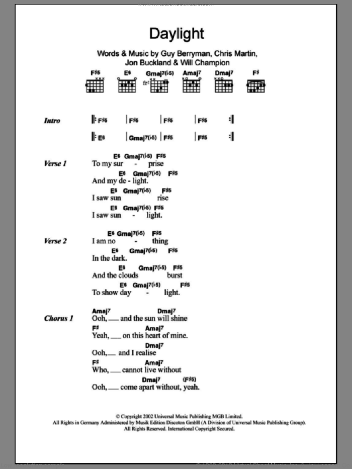 Daylight sheet music for guitar (chords) by Coldplay, Chris Martin, Guy Berryman, Jon Buckland and Will Champion, intermediate skill level