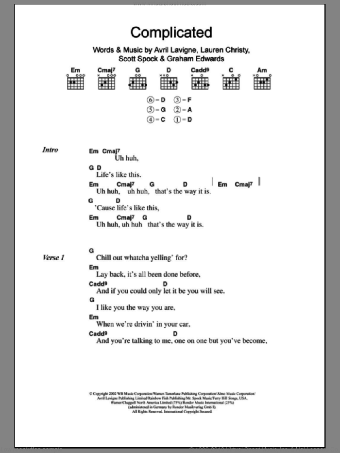 Complicated sheet music for guitar (chords) by Avril Lavigne, Graham Edwards, Lauren Christy and Scott Spock, intermediate skill level