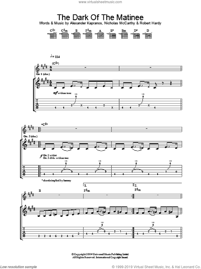 The Dark Of The Matinee sheet music for guitar (tablature) by Alexander Kapranos, Franz Ferdinand, Nicholas McCarthy and Robert Hardy, intermediate skill level