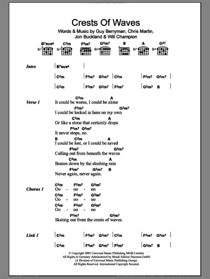 Crests Of Waves sheet music for guitar (chords) by Coldplay, Chris Martin, Guy Berryman, Jon Buckland and Will Champion, intermediate skill level