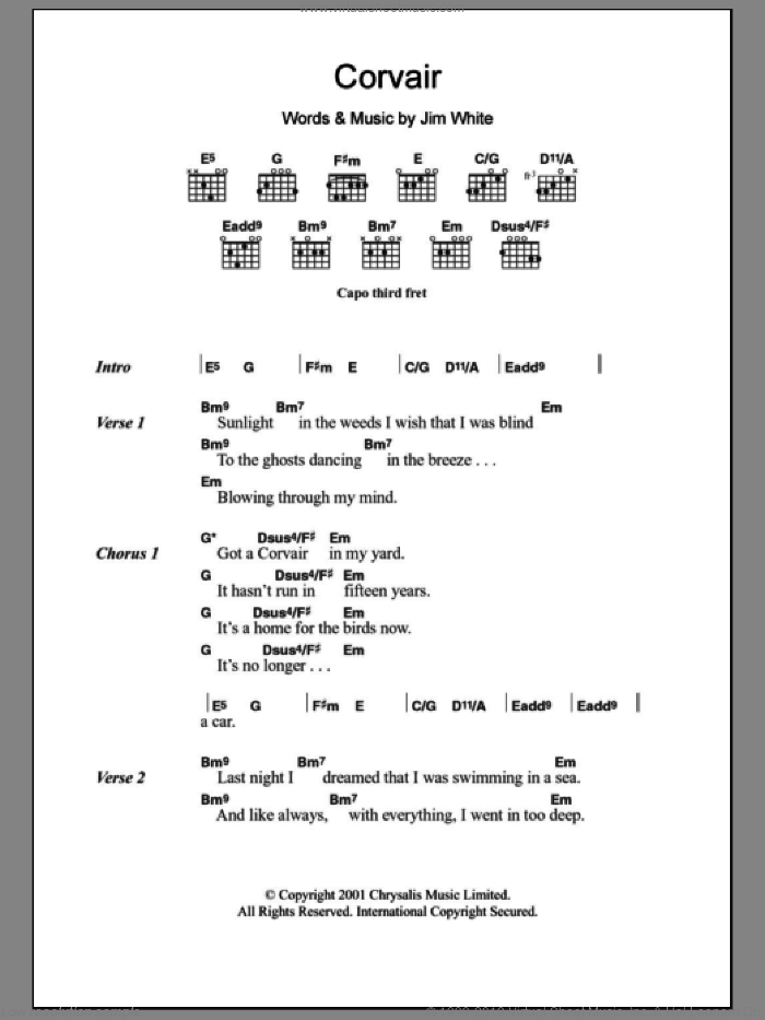 Corvair sheet music for guitar (chords) by Jim White, intermediate skill level