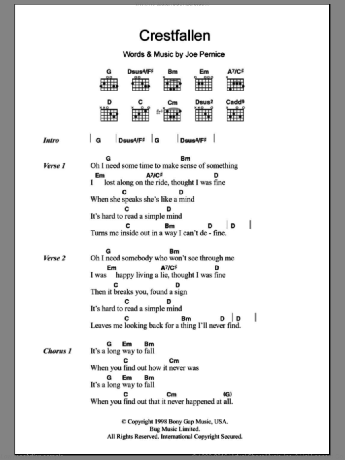 Crestfallen sheet music for guitar (chords) by The Pernice Brothers and Joe Pernice, intermediate skill level