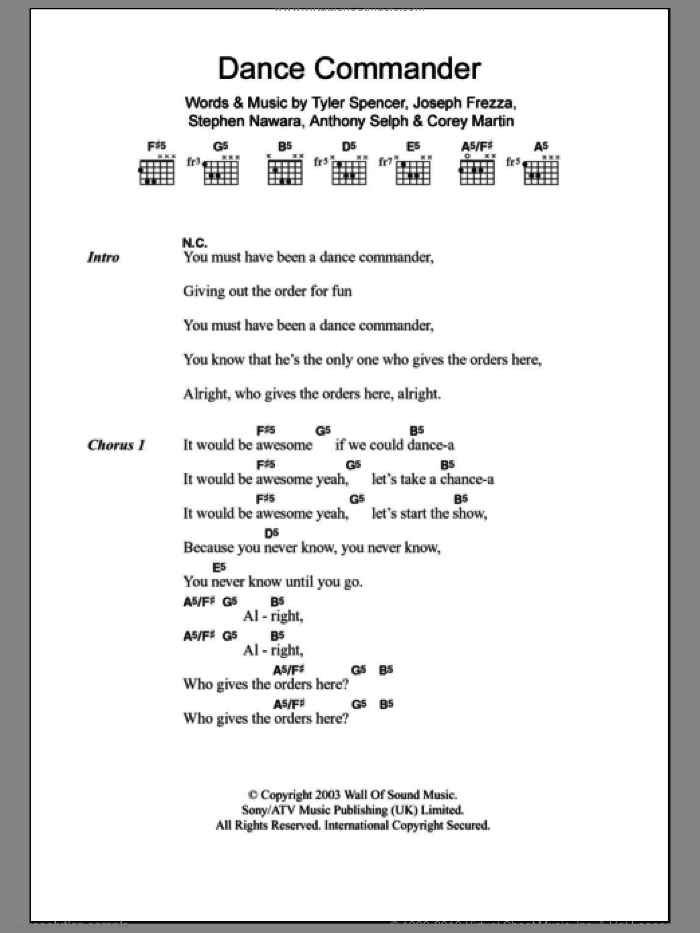 Dance Commander sheet music for guitar (chords) by Electric Six, Anthony Selph, Corey Martin, Joseph Frezza, Stephen Nawara and Tyler Spencer, intermediate skill level