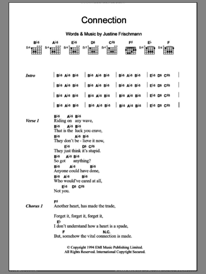 Connection sheet music for guitar (chords) by Elastica and Justine Frischmann, intermediate skill level