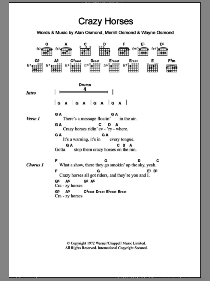 Crazy Horses sheet music for guitar (chords) by The Osmonds, Alan Osmond, Merrill Osmond and Wayne Osmond, intermediate skill level