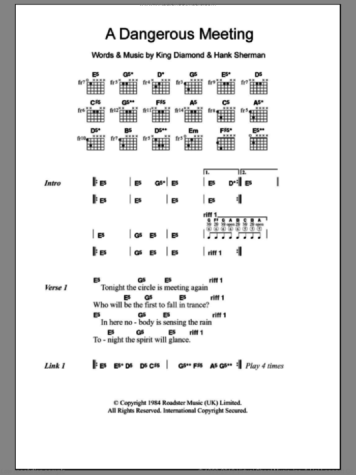 A Dangerous Meeting sheet music for guitar (chords) by Mercyful Fate, Hank Sherman and King Diamond, intermediate skill level