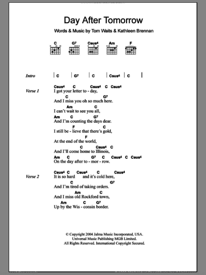 Day After Tomorrow sheet music for guitar (chords) by Tom Waits and Kathleen Brennan, intermediate skill level