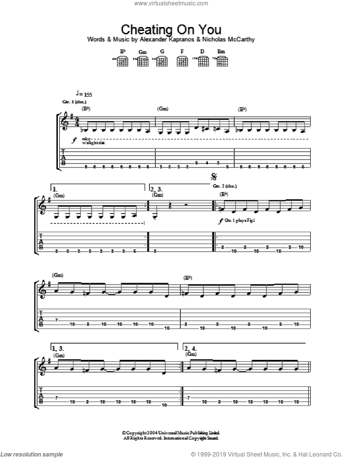 Cheating On You sheet music for guitar (tablature) by Alexander Kapranos, Franz Ferdinand and Nicholas McCarthy, intermediate skill level