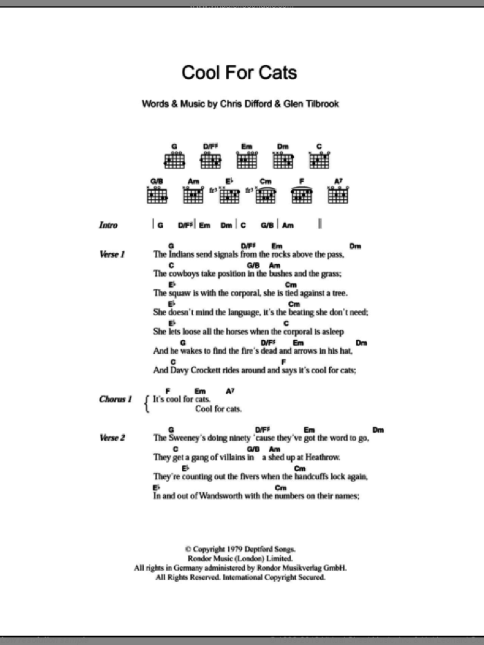 Cool For Cats sheet music for guitar (chords) by Squeeze, Chris Difford and Glenn Tilbrook, intermediate skill level