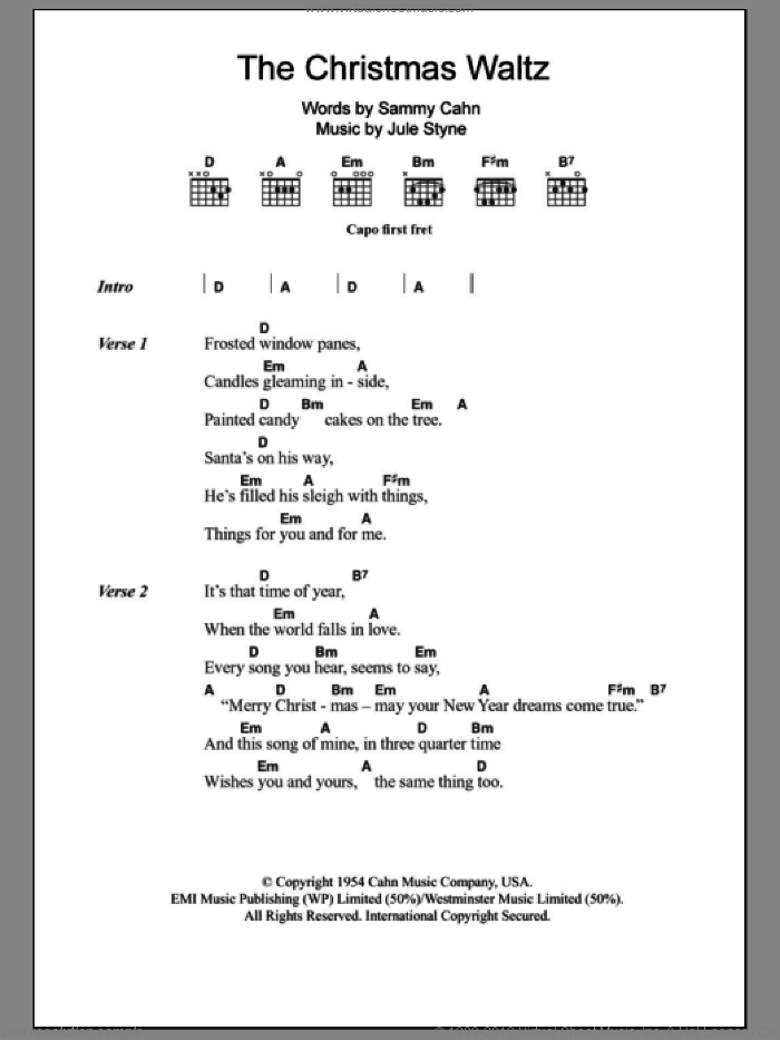 The Christmas Waltz sheet music for guitar (chords) by Carpenters, Jule Styne and Sammy Cahn, intermediate skill level
