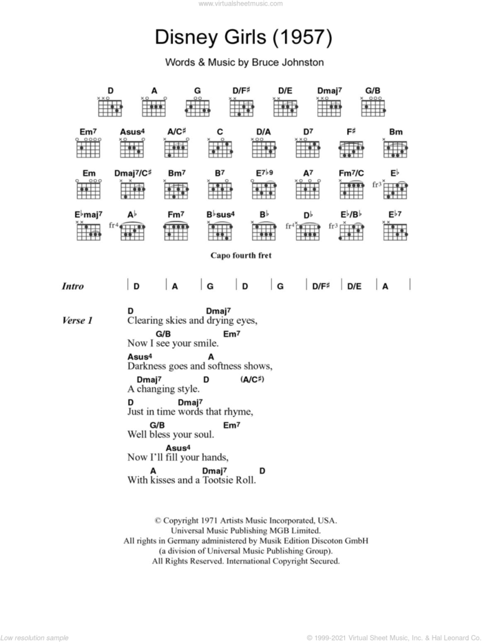 Disney Girls (1957) sheet music for guitar (chords) by The Beach Boys and Bruce Johnston, intermediate skill level