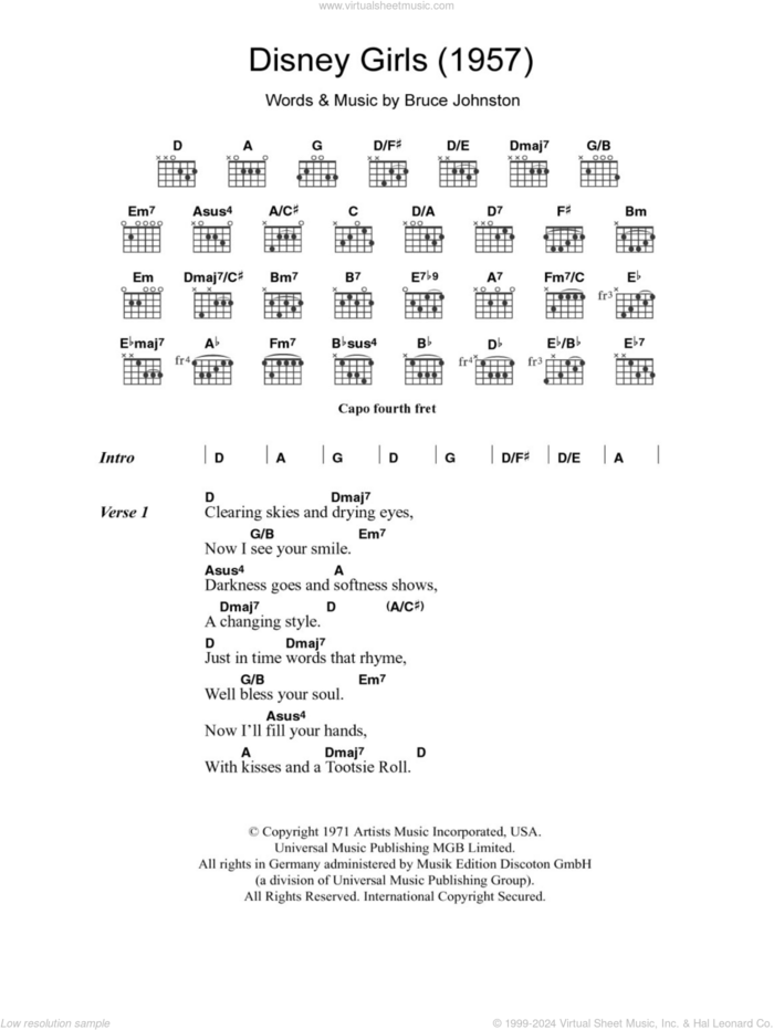 Disney Girls (1957) sheet music for guitar (chords) by The Beach Boys and Bruce Johnston, intermediate skill level