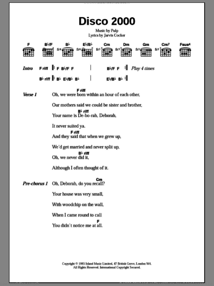 Disco 2000 sheet music for guitar (chords) by Pulp and Jarvis Cocker, intermediate skill level
