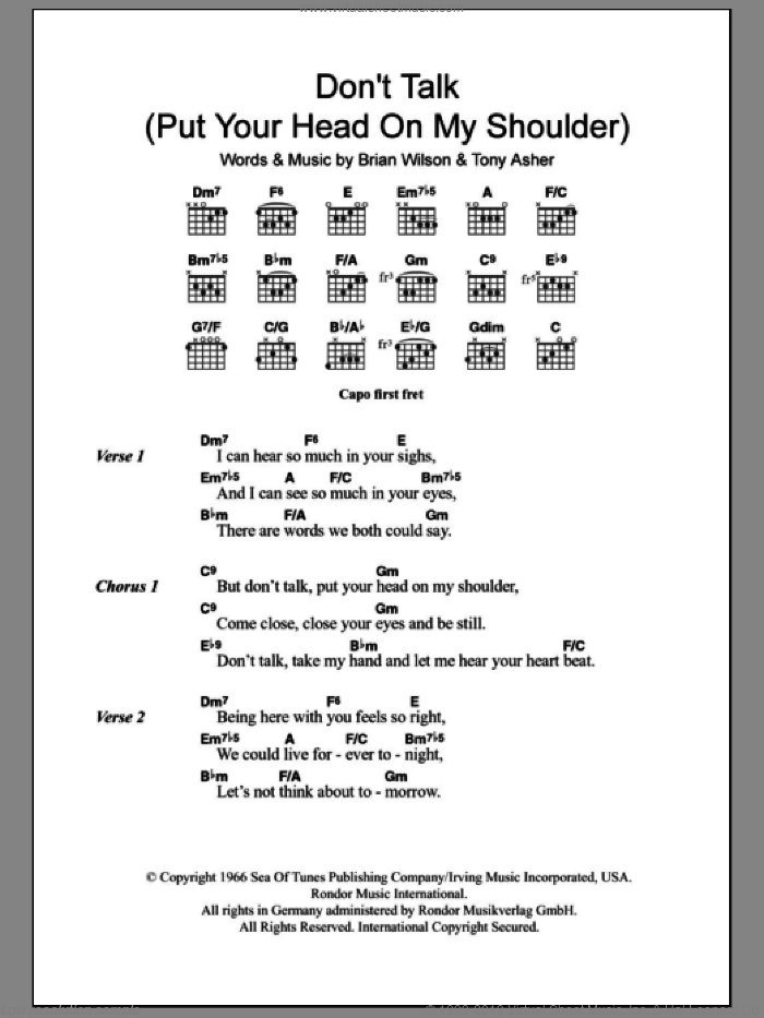 Don't Talk (Put Your Head On My Shoulder) sheet music for guitar (chords) by The Beach Boys, Brian Wilson and Tony Asher, intermediate skill level