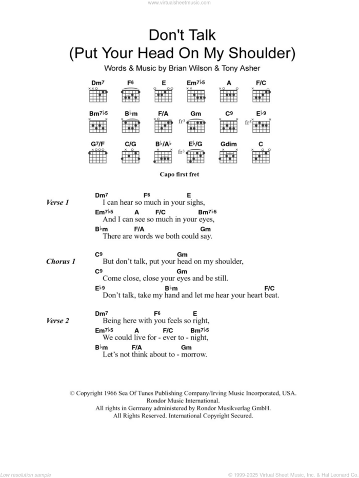 Don't Talk (Put Your Head On My Shoulder) sheet music for guitar (chords) by The Beach Boys, Brian Wilson and Tony Asher, intermediate skill level
