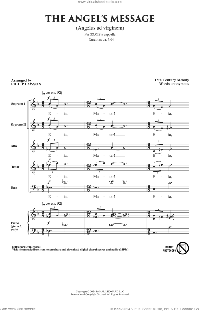 The Angel's Message (Angelus Ad Virginem) (arr. Philip Lawson) sheet music for choir (SSATB) by Anonymous, Philip Lawson and 13th Century Melody, intermediate skill level