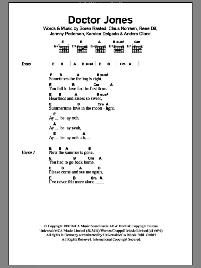 Doctor Jones sheet music for guitar (chords) by Aqua, Anders Oland, Claus Norreen, Johnny Pedersen, Karsten Delgado, Rene Dif and Soren Rasted, intermediate skill level