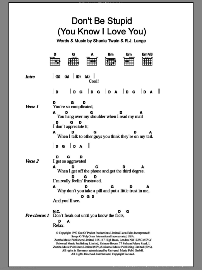 Don't Be Stupid (You Know I Love You) sheet music for guitar (chords) by Shania Twain and Robert John Lange, intermediate skill level