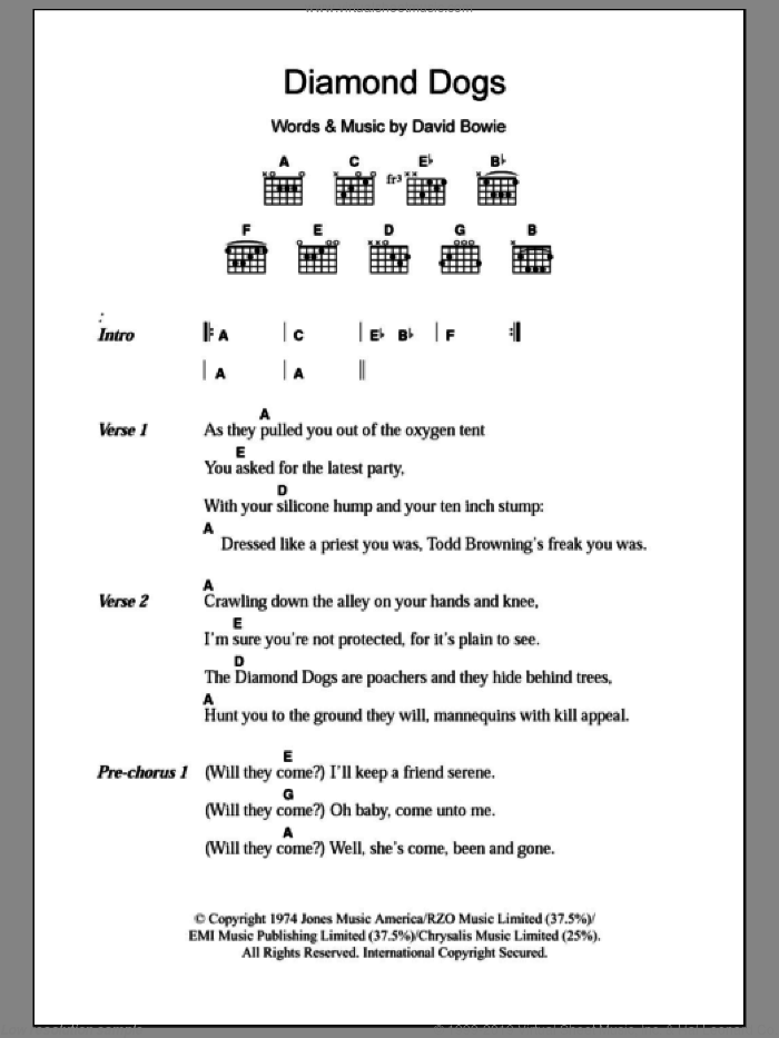 Diamond Dogs sheet music for guitar (chords) by David Bowie, intermediate skill level