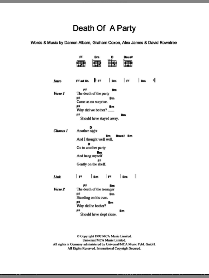 Death Of A Party sheet music for guitar (chords) by Blur, Alex James, Damon Albarn, David Rowntree and Graham Coxon, intermediate skill level