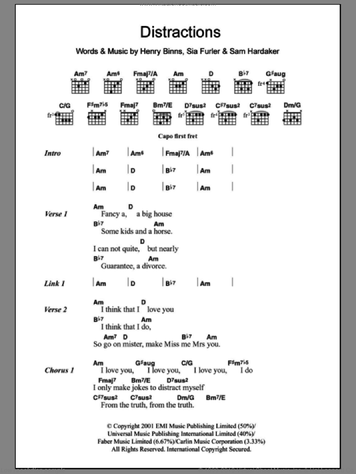 Distractions sheet music for guitar (chords) by Zero 7, Henry Binns, Sam Hardaker and Sia Furler, intermediate skill level