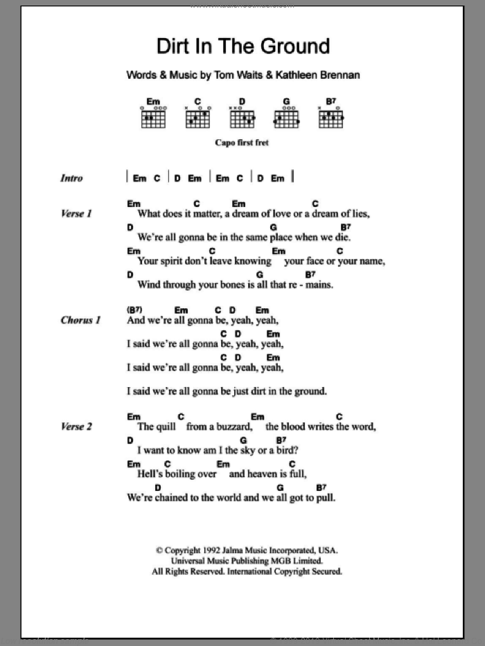 Dirt In The Ground sheet music for guitar (chords) by Tom Waits and Kathleen Brennan, intermediate skill level