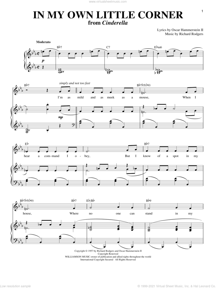 In My Own Little Corner sheet music for voice and piano by Rodgers & Hammerstein, Cinderella (Musical), Oscar II Hammerstein and Richard Rodgers, intermediate skill level