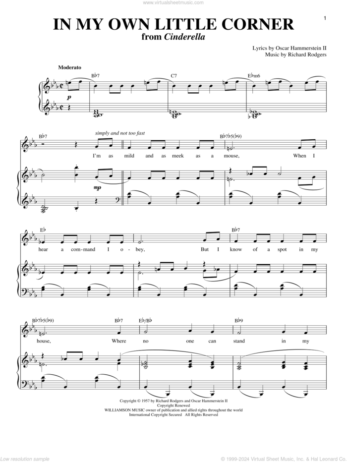 In My Own Little Corner sheet music for voice and piano by Rodgers & Hammerstein, Cinderella (Musical), Oscar II Hammerstein and Richard Rodgers, intermediate skill level