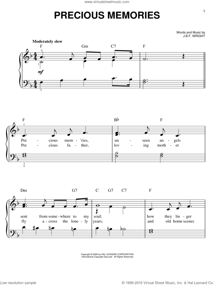 Precious Memories, (easy) sheet music for piano solo by J.B.F. Wright, easy skill level