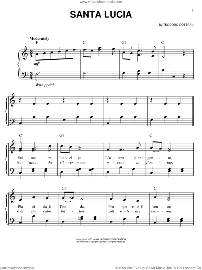 Santa Lucia sheet music for piano solo by Teodoro Cottrau, easy skill level