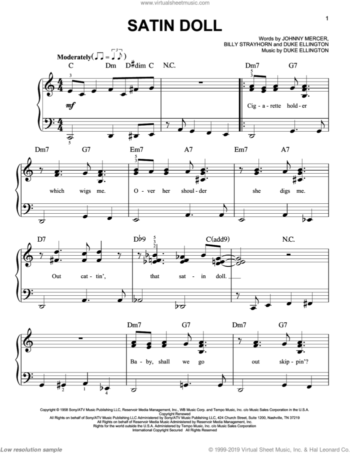 Satin Doll, (easy) sheet music for piano solo by Duke Ellington, Billy Strayhorn and Johnny Mercer, easy skill level