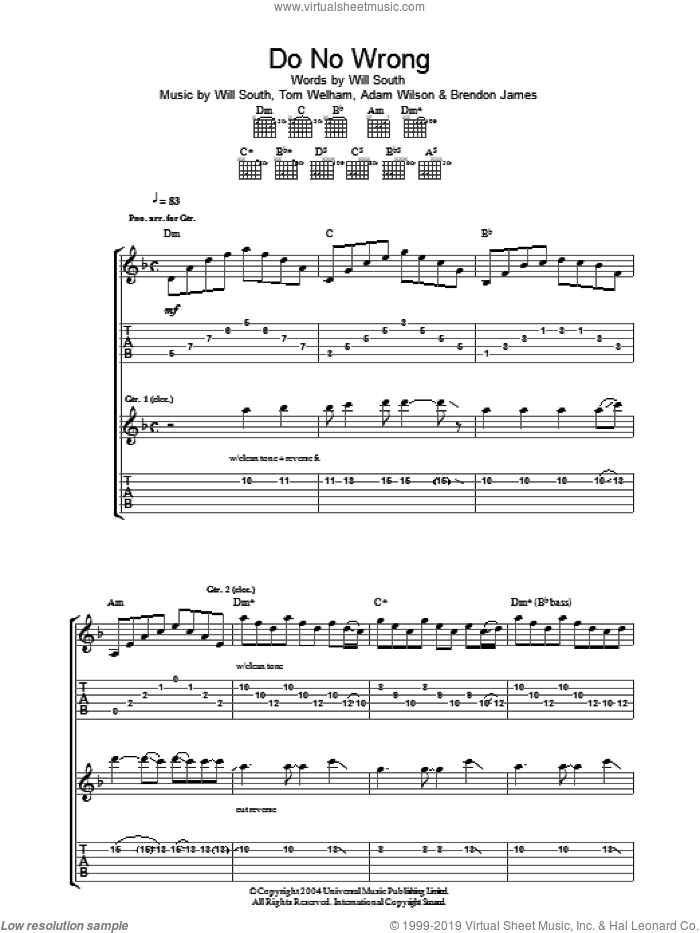 Do No Wrong sheet music for guitar (tablature) by Thirteen Senses, Adam Wilson, Tom Welham and Will South, intermediate skill level