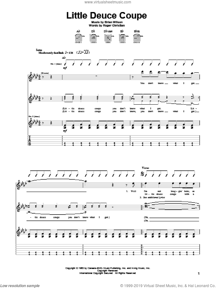 Little Deuce Coupe sheet music for guitar (tablature) by The Beach Boys, Brian Wilson and Roger Christian, intermediate skill level