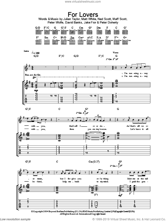 For Lovers sheet music for guitar (tablature) by Pete Doherty, Wolfman featuring Pete Doherty, Julian Taylor and Peter Wolfe, intermediate skill level