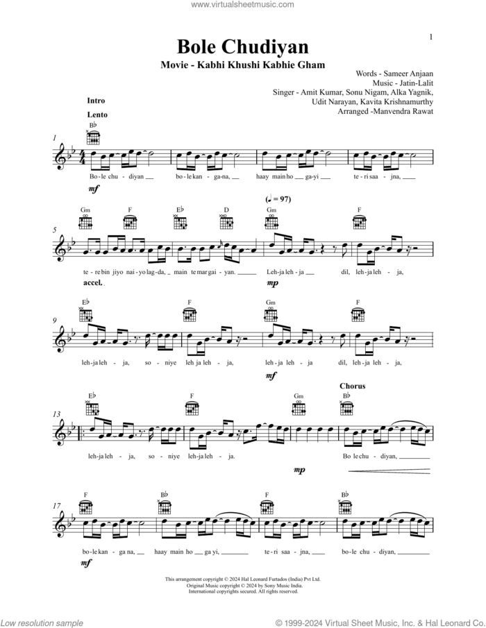 Bole Chudiyan (from Kabhi Khushi Kabhie Gham) sheet music for voice and other instruments (fake book) by Jatin-Lalit, Jatin Pandit, Lalitraj Pandit and Sameer Anjaan, intermediate skill level