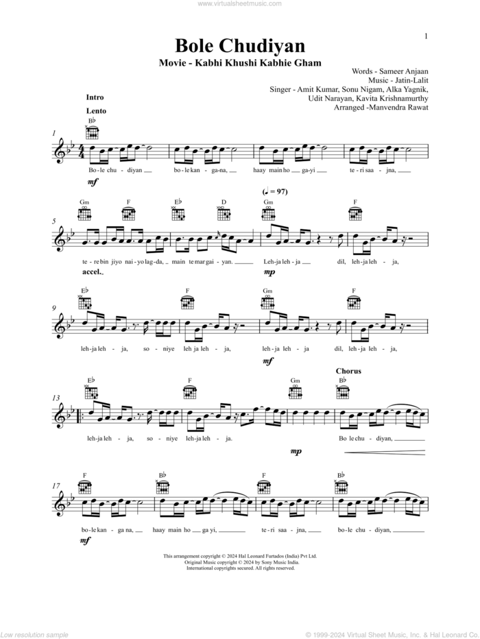 Bole Chudiyan (from Kabhi Khushi Kabhie Gham) sheet music for voice and other instruments (fake book) by Jatin-Lalit, Jatin Pandit, Lalitraj Pandit and Sameer Anjaan, intermediate skill level