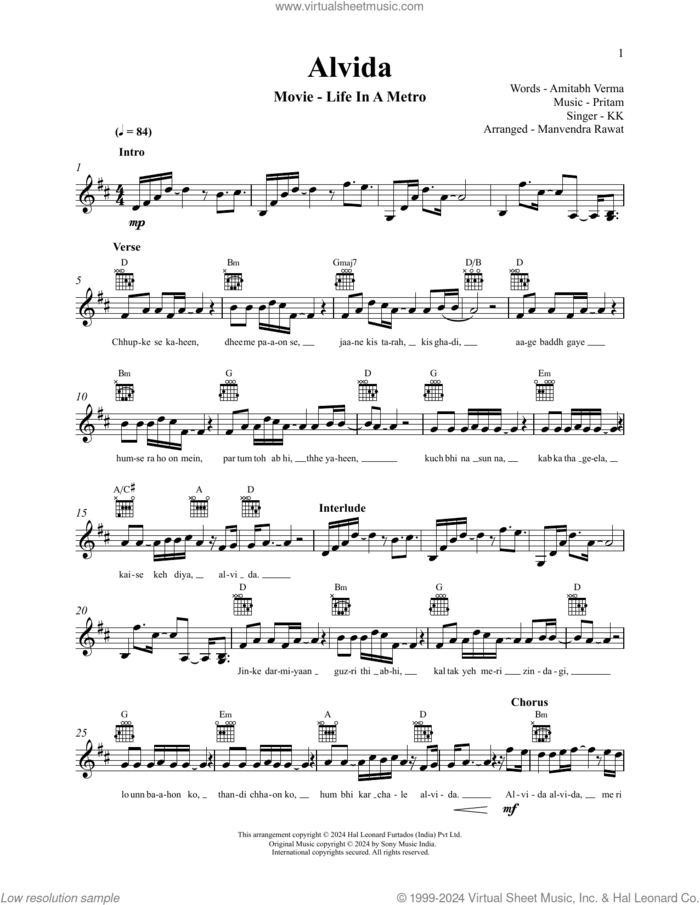 Alvida (from Life In A Metro) sheet music for voice and other instruments (fake book) by Pritam and KK, Amitabh Varma and Pritam Chakraborty, intermediate skill level