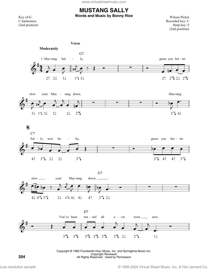 Mustang Sally sheet music for harmonica solo by Wilson Pickett, Buddy Guy, The Commitments and Bonny Rice, intermediate skill level