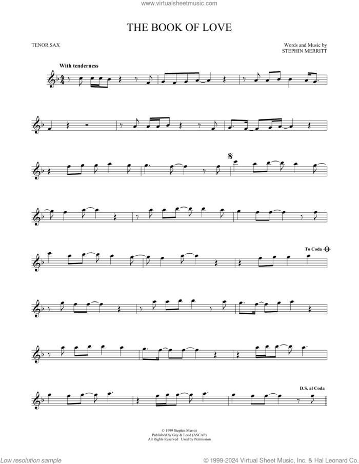 The Book Of Love sheet music for tenor saxophone solo by The Magnetic Fields, Peter Gabriel and Stephin Merritt, intermediate skill level