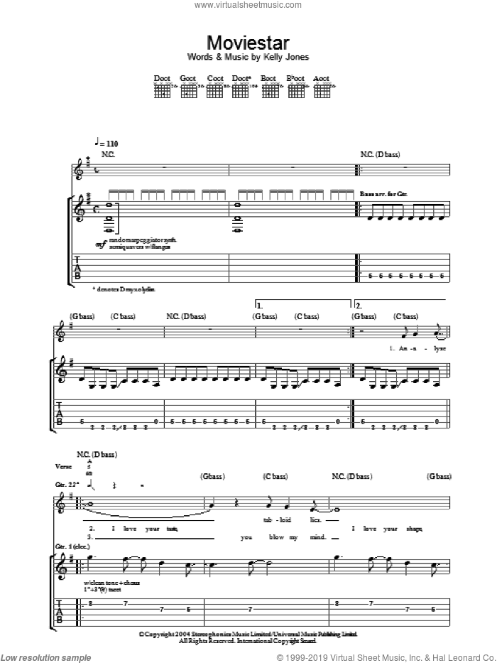 Moviestar sheet music for guitar (tablature) by Stereophonics and Kelly Jones, intermediate skill level