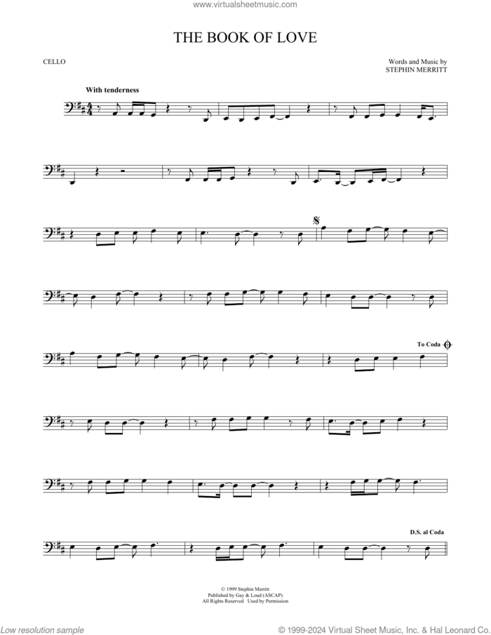 The Book Of Love sheet music for cello solo by The Magnetic Fields, Peter Gabriel and Stephin Merritt, intermediate skill level