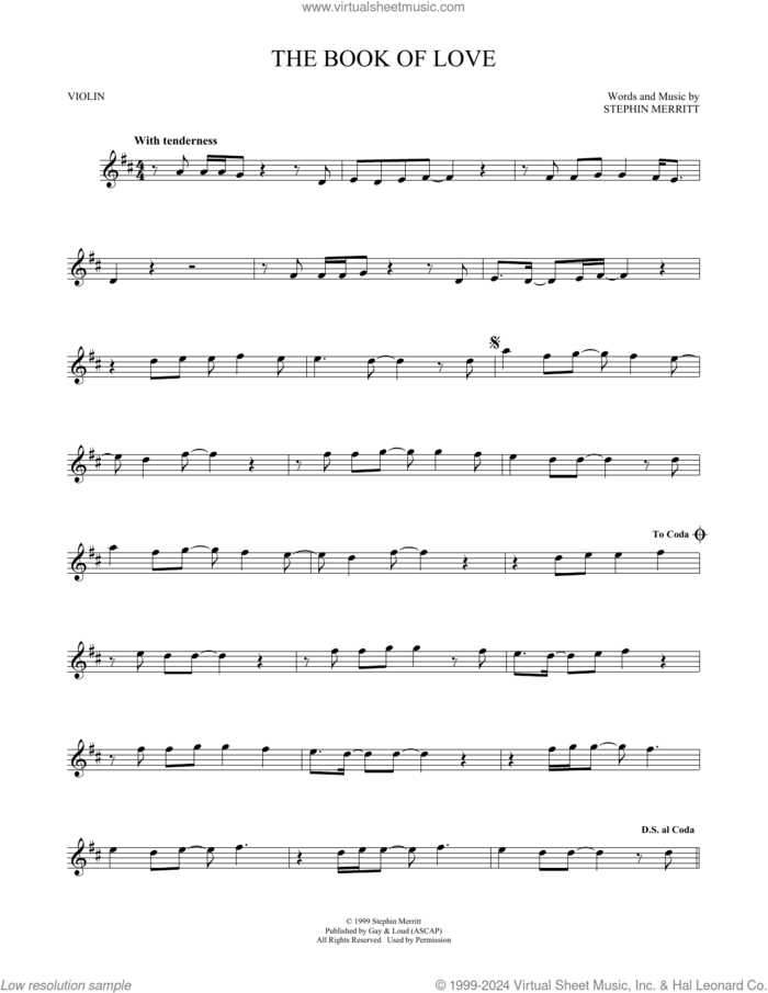 The Book Of Love sheet music for violin solo by The Magnetic Fields, Peter Gabriel and Stephin Merritt, intermediate skill level